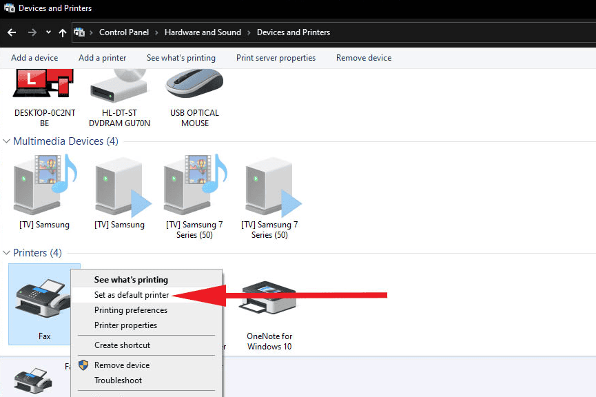 Nhấp vào dòng “Set as default printer”